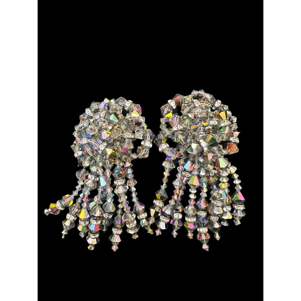 Vintage Black Diamond AB Crystal Fringe Dangle Earrings Silver Tone Statement